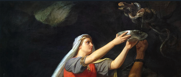 painting of a woman collecting snake venom, the norse god loki is shackled below