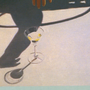 Painting of a martini on the ground, the silhoutte of a person's arm hovers over it