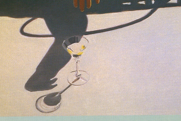 Painting of a martini on the ground, the silhoutte of a person's arm hovers over it