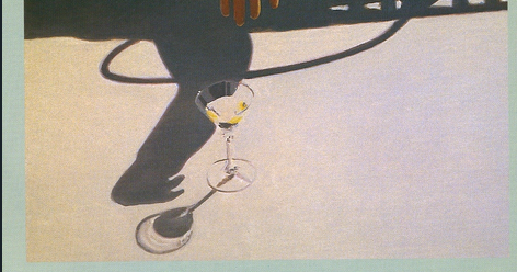 Painting of a martini on the ground, the silhoutte of a person's arm hovers over it
