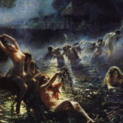 Painting of a foggy lake with a dozen mermaids in the water, some brushing their hair