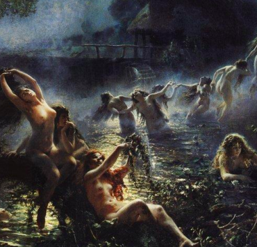 Painting of a foggy lake with a dozen mermaids in the water, some brushing their hair