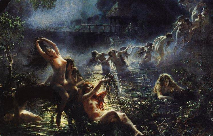 Painting of a foggy lake with a dozen mermaids in the water, some brushing their hair