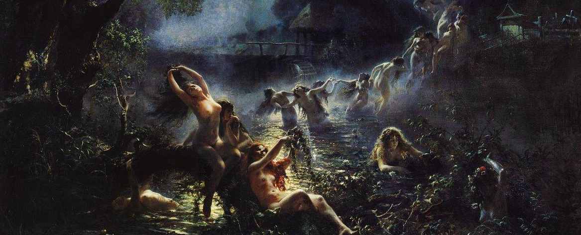 Painting of a foggy lake with a dozen mermaids in the water, some brushing their hair