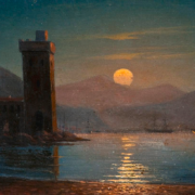 Painting of a body of water at night with the moon reflected in its ripples