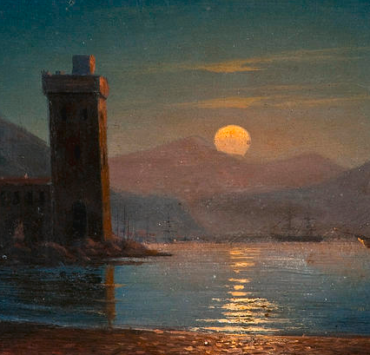 Painting of a body of water at night with the moon reflected in its ripples