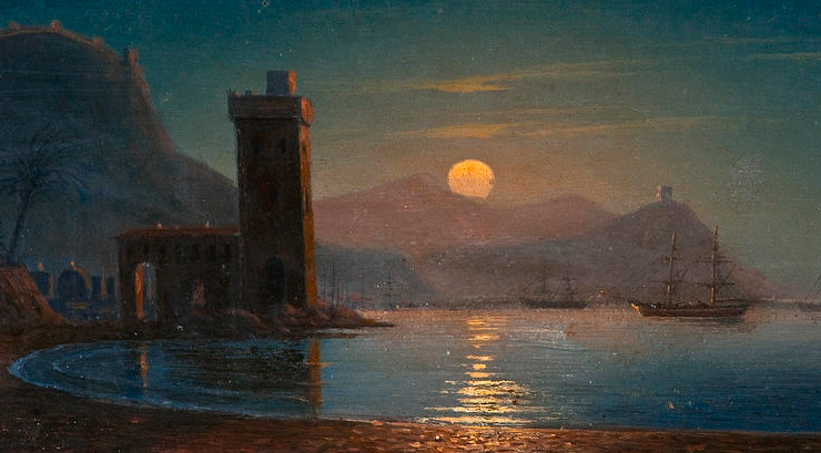 Painting of a body of water at night with the moon reflected in its ripples