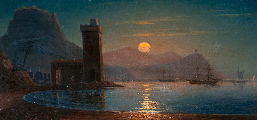 Painting of a body of water at night with the moon reflected in its ripples