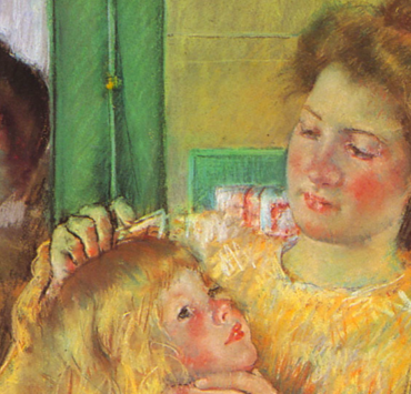Impressionist painting of a woman in a yellow dress combing the hair of a child seated in her lap
