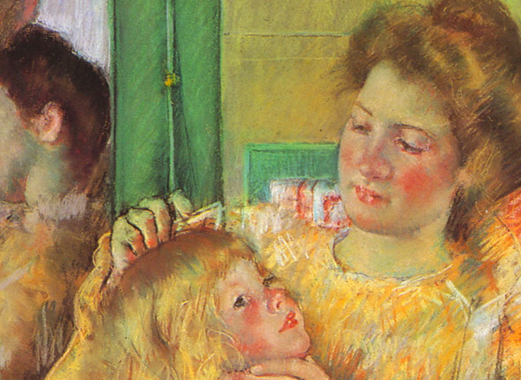Impressionist painting of a woman in a yellow dress combing the hair of a child seated in her lap