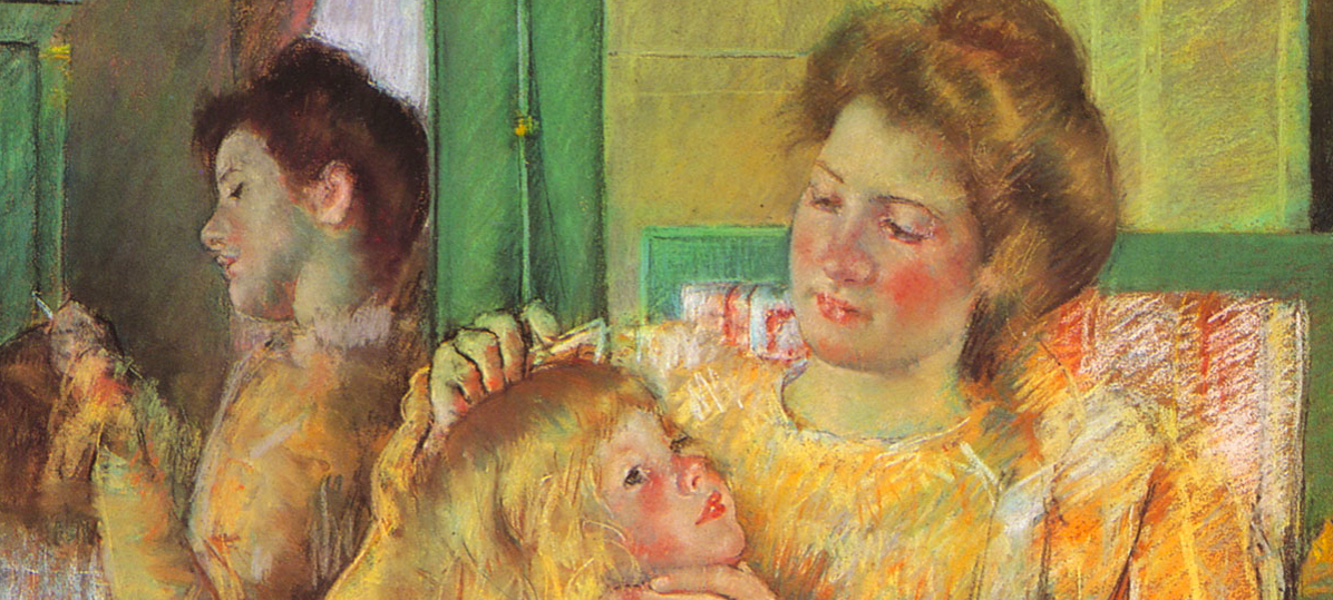 Impressionist painting of a woman in a yellow dress combing the hair of a child seated in her lap