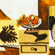 cubist painting of a dresser with a vase of flowers a bowl of fruit and a ceramic pitcher