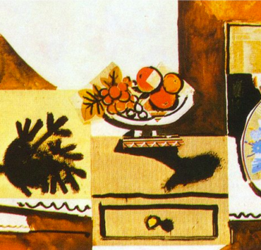 cubist painting of a dresser with a vase of flowers a bowl of fruit and a ceramic pitcher