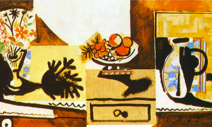 cubist painting of a dresser with a vase of flowers a bowl of fruit and a ceramic pitcher