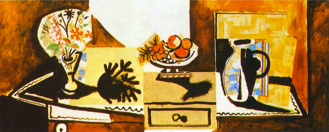 cubist painting of a dresser with a vase of flowers a bowl of fruit and a ceramic pitcher