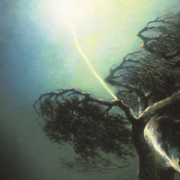 Painting of an oak tree being struck by lightning