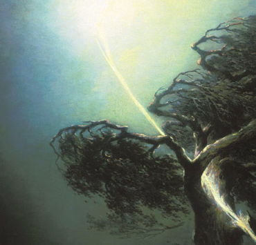 Painting of an oak tree being struck by lightning