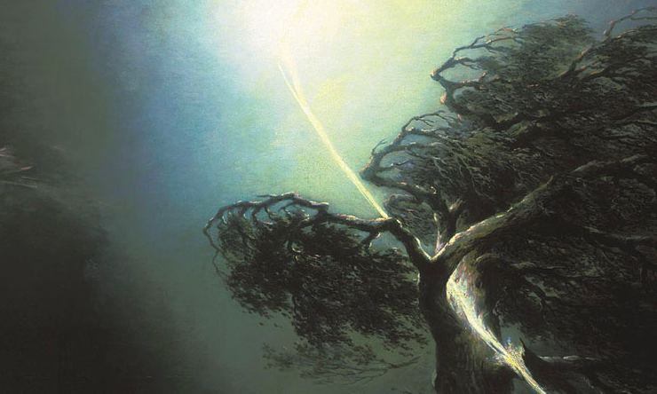 Painting of an oak tree being struck by lightning