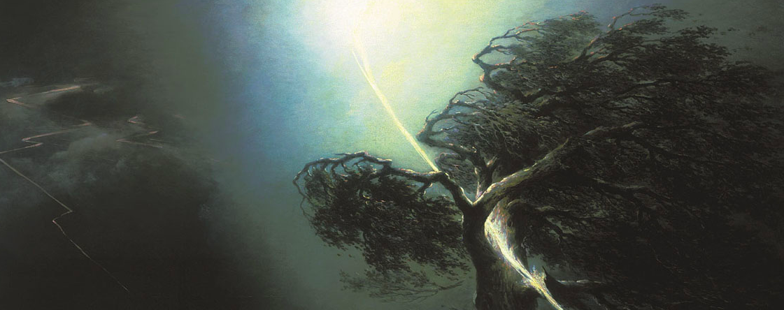 Painting of an oak tree being struck by lightning