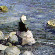 Painting of a female figure seated on some rocks looking out to sea