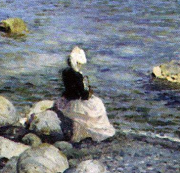 Painting of a female figure seated on some rocks looking out to sea