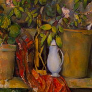 Painting of several potted plants alongside a red rag and a watering can