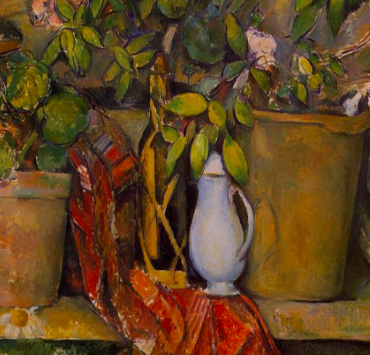 Painting of several potted plants alongside a red rag and a watering can