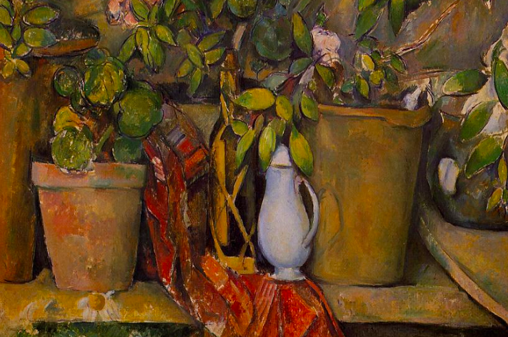 Painting of several potted plants alongside a red rag and a watering can