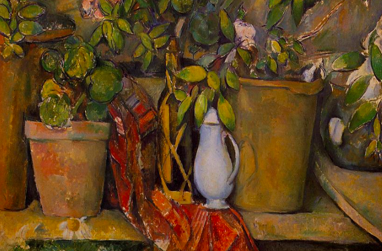 Painting of several potted plants alongside a red rag and a watering can