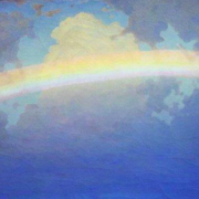 painting of a rainbow across a cloudy sky
