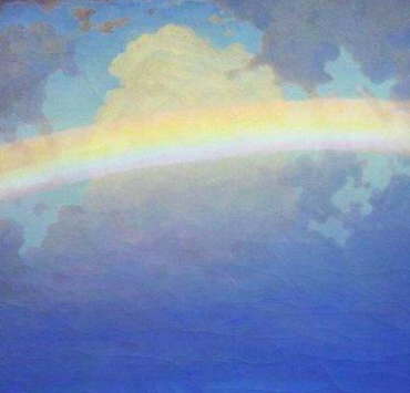 painting of a rainbow across a cloudy sky