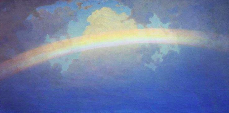 painting of a rainbow across a cloudy sky