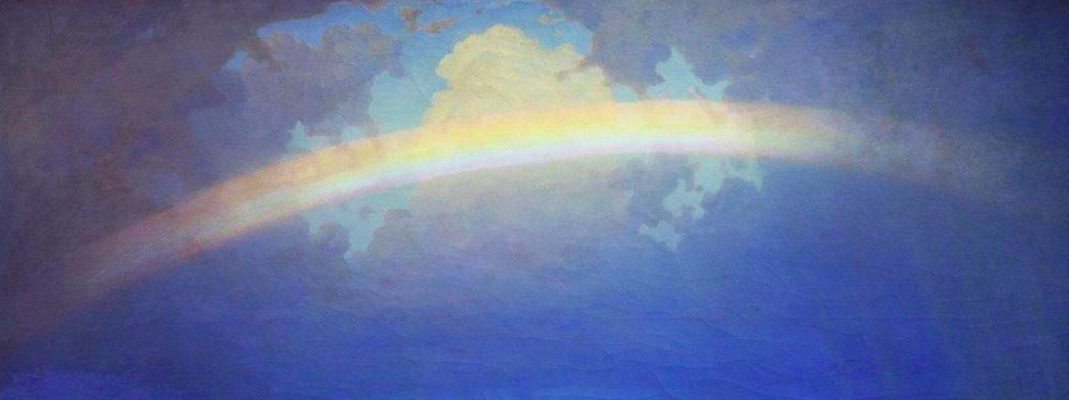 painting of a rainbow across a cloudy sky