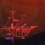 Abstract painting in shades of black and red depicting a ship in a sea lit by a red sun