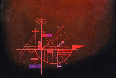 Abstract painting in shades of black and red depicting a ship in a sea lit by a red sun