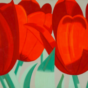 Pop art painting of bright red tulips as seen up close