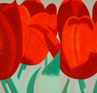 Pop art painting of bright red tulips as seen up close