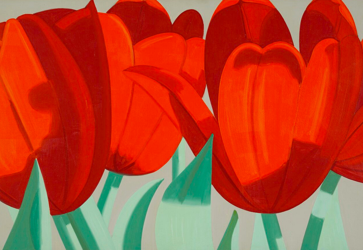 Pop art painting of bright red tulips as seen up close