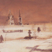 painting of a derelict cemetery covered in snow a church is visible in the distance