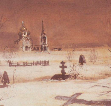 painting of a derelict cemetery covered in snow a church is visible in the distance