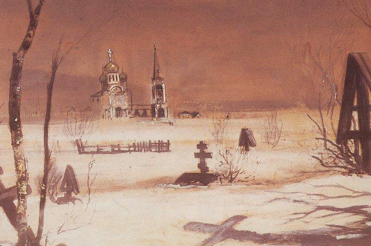 painting of a derelict cemetery covered in snow a church is visible in the distance