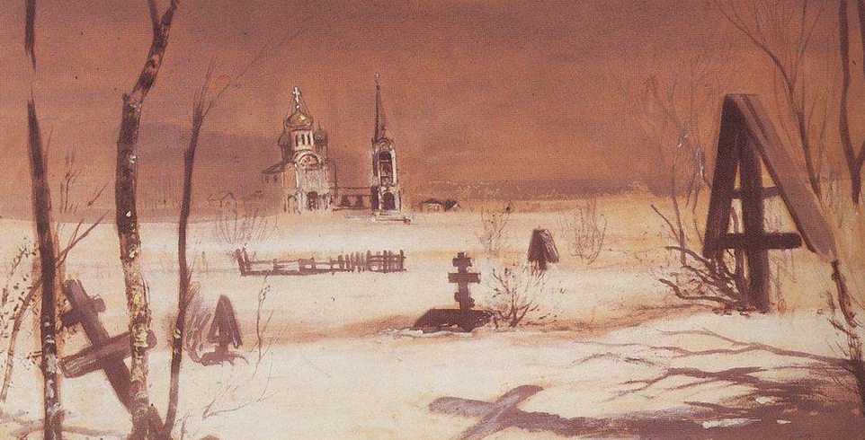 painting of a derelict cemetery covered in snow a church is visible in the distance