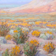 Painting of a desert landscape in pastel shades, a mountain in the distance