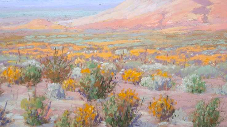 Painting of a desert landscape in pastel shades, a mountain in the distance
