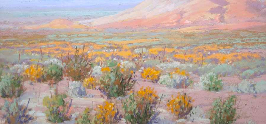 Painting of a desert landscape in pastel shades, a mountain in the distance