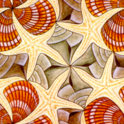Illustration of a repeated pattern of yellow sea stars and red sea shells