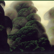 Painting of the top of a forest with fog among the trees