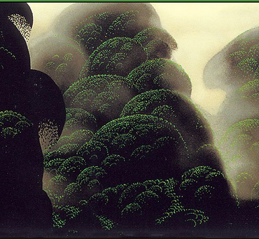 Painting of the top of a forest with fog among the trees
