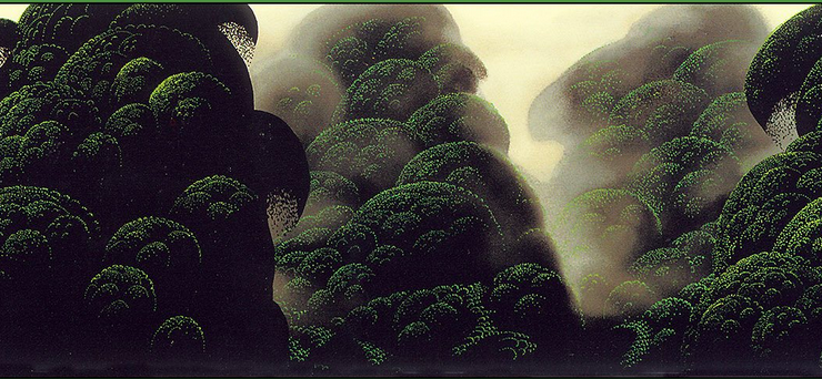 Painting of the top of a forest with fog among the trees