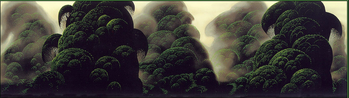 Painting of the top of a forest with fog among the trees